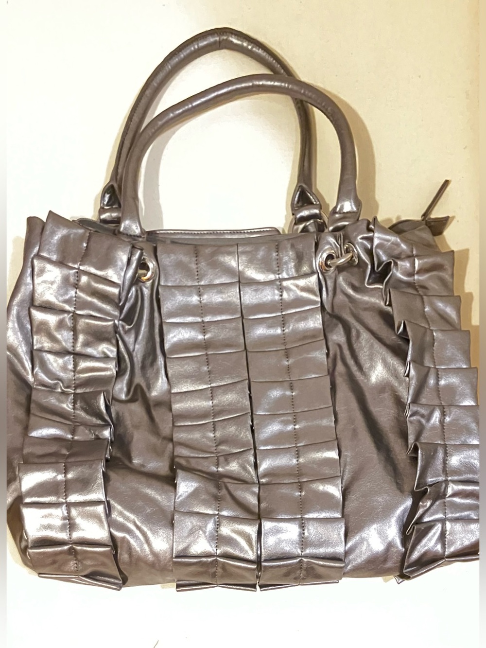 Metallic Gray Ruffled Women's Handbag
